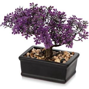 Artificial Bonsai Tree Juniper Faux Plants Indoor Fake Plants Decor with Black Ceramic Pots for Home Table Office Desk Bathroom Shelf Bedroom Living Room Farmhouse Decorations-Purple