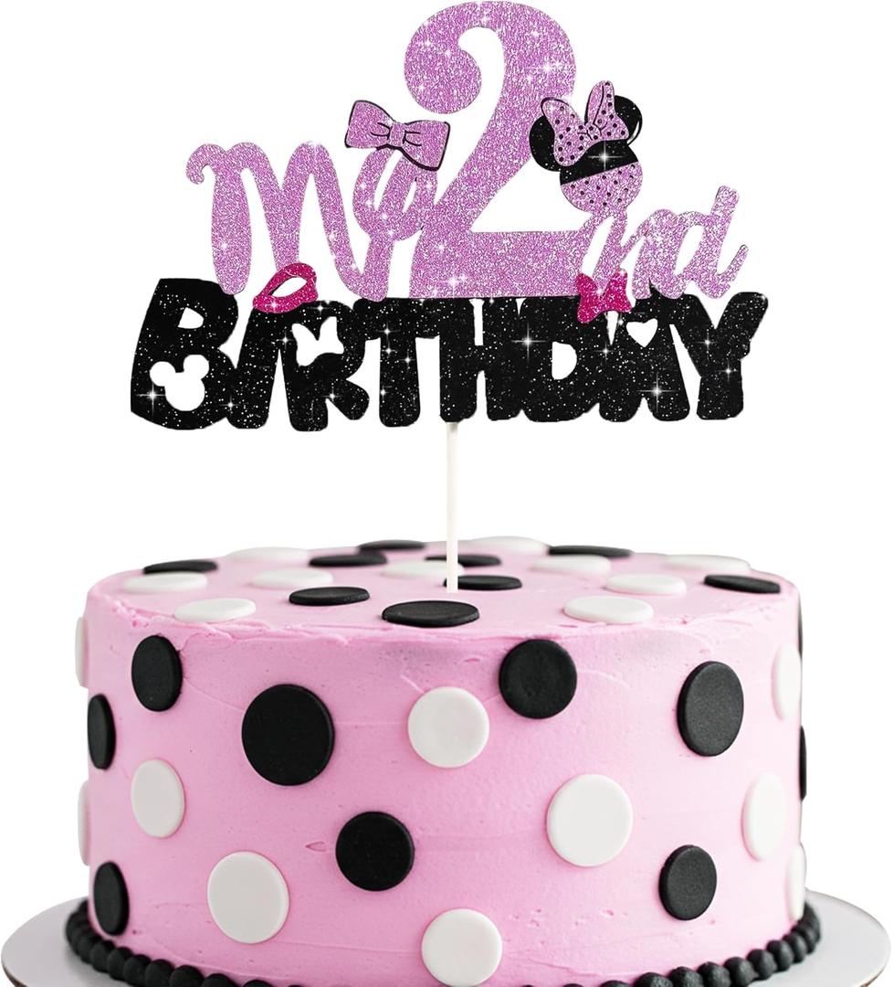 BEISHIDA Pink Cake Topper Pink and Black My 2nd Birthday Cake Decorations 2nd Birthday Party Supplies for Kids Girls