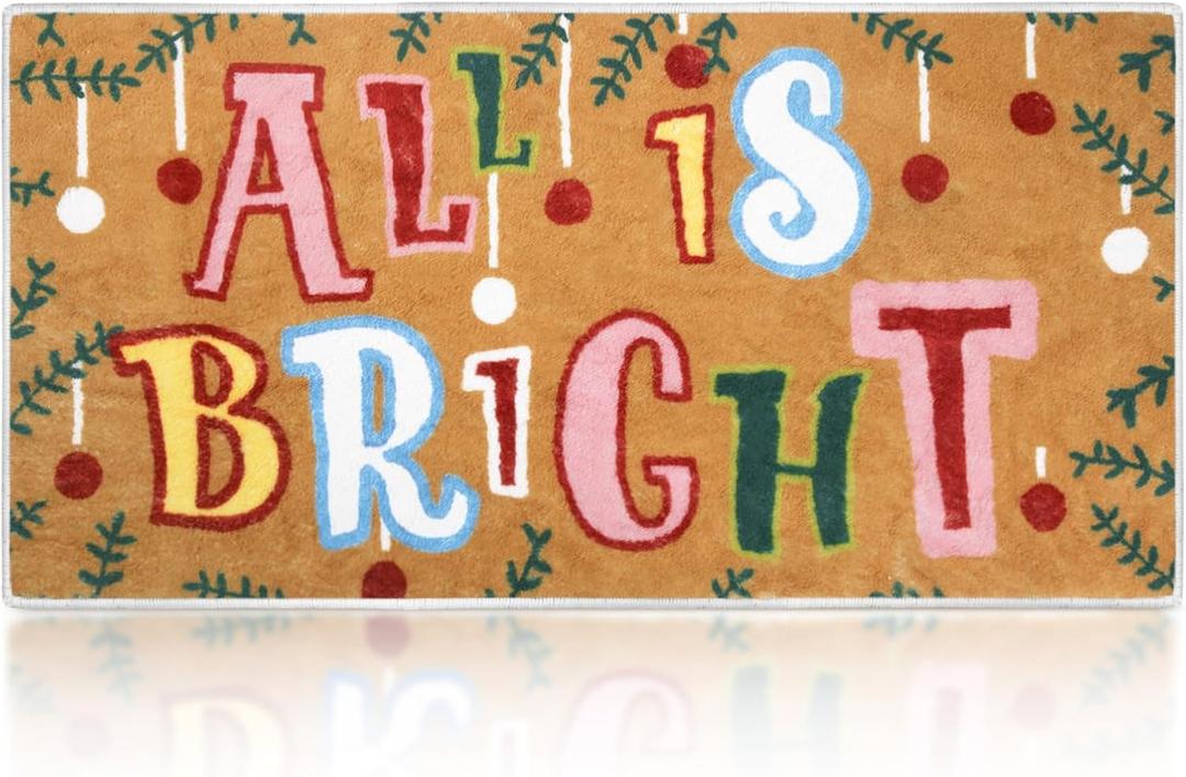 Timgle Christmas Door Mat Colorful Plush, Merry Bright Decor, Welcome Mat Indoor Outdoor Non Slip Rubber Backed Winter Floor Mat for Bathroom Entrance Home Garden Christmas Decoration, 16 x 32 Inches