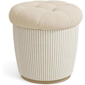 Round Ottoman with Storage, Sherpa Vanity Stool, 18.5" Small Ottoman Dorm, Foot Stools, Upholstered Ottoman Foot Rest for Living Room & Bedroom, Beige