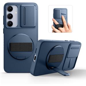 SURITCH for Samsung Galaxy S24 Case with 360 Rotatable Hand Strap Phone Grip & Invisible Kickstand & Slide Camera Cover, Rugged Shockproof Protective Cover for S24 -Dark Blue