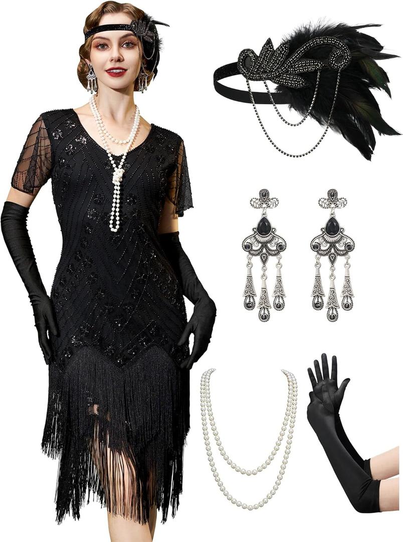 YESSA Flapper Dresses for Women,Short Sleeve 1920s Dresses Great Gatsby Dresses for Women Roaring 20s Costumes Outfits (Large, Black)
