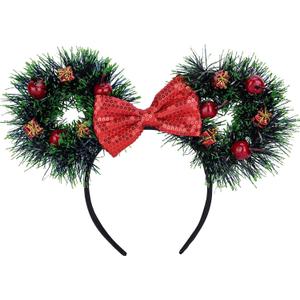Dark Green Christmas Mouse Ear Headband With Bow And Led Light -Christmas Headband With Apple Red Bow Element For Women Girls Xmas Party Costume Play, Dark Green Ears