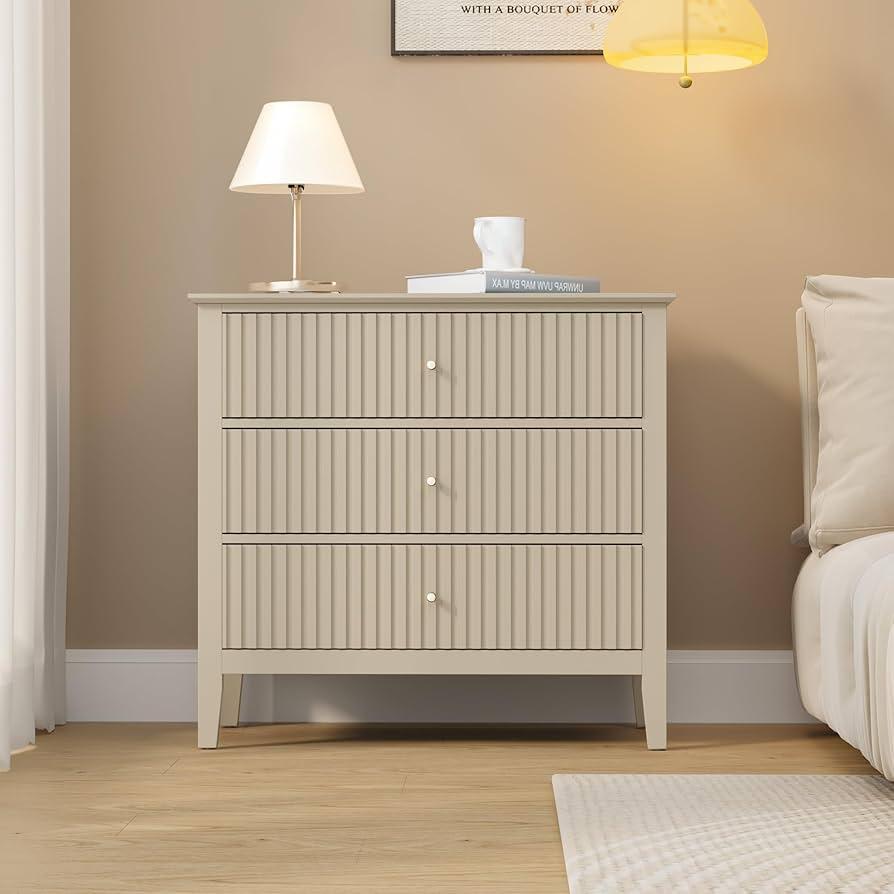 RoyalCraft Large Beige Fluted 3 Drawer Dresser for Bedroom, Wide Chest of Drawers for Closet, Modern Wood Dresser Wide Nightstand Cabinet for Living Room