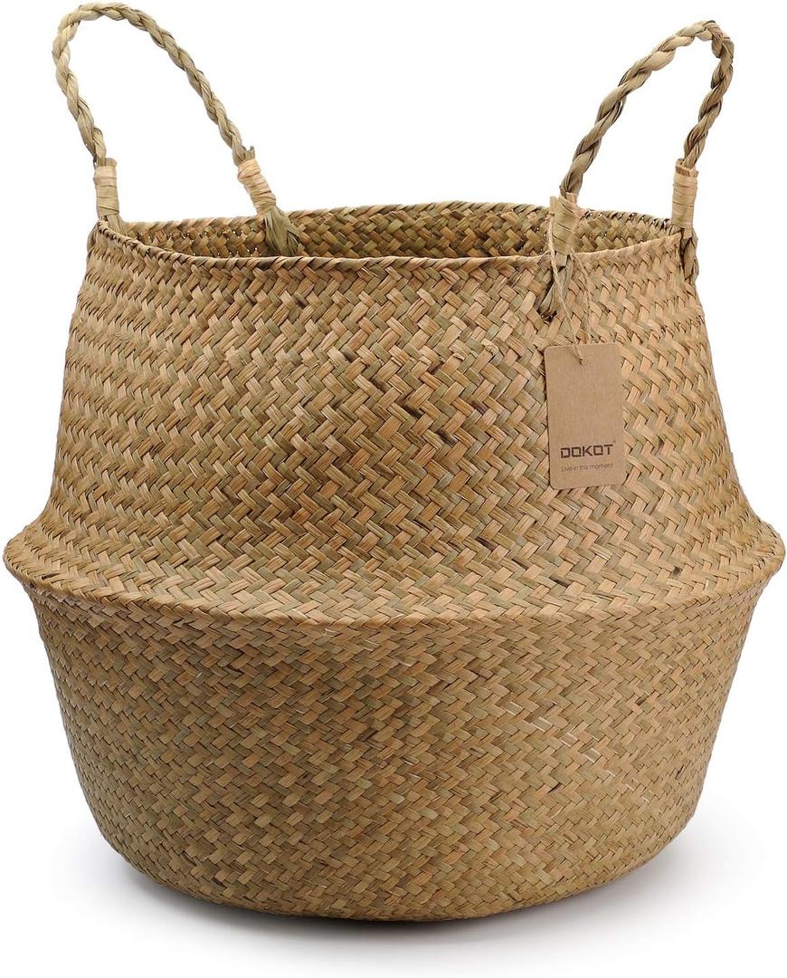 Large Woven Seagrass Belly Basket for Plant, Grocery, Picnic, 12" Diameter x 14" Height