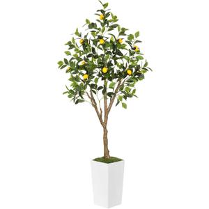 6FT Artificial Lemon Tree with Pot, Fake Lemon Tree with White Tall Planter, Faux Lemon Plant with Realistic Fruits and Silk Leaves, Artificial Plants Indoor for Home Office Kitchen Decor