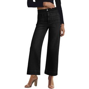 Womens Wide Leg High Waisted Sailor Petite Jeans Trendy Cropped Baggy Denim Pants with Patch Pockets (Medium, Wash Black)