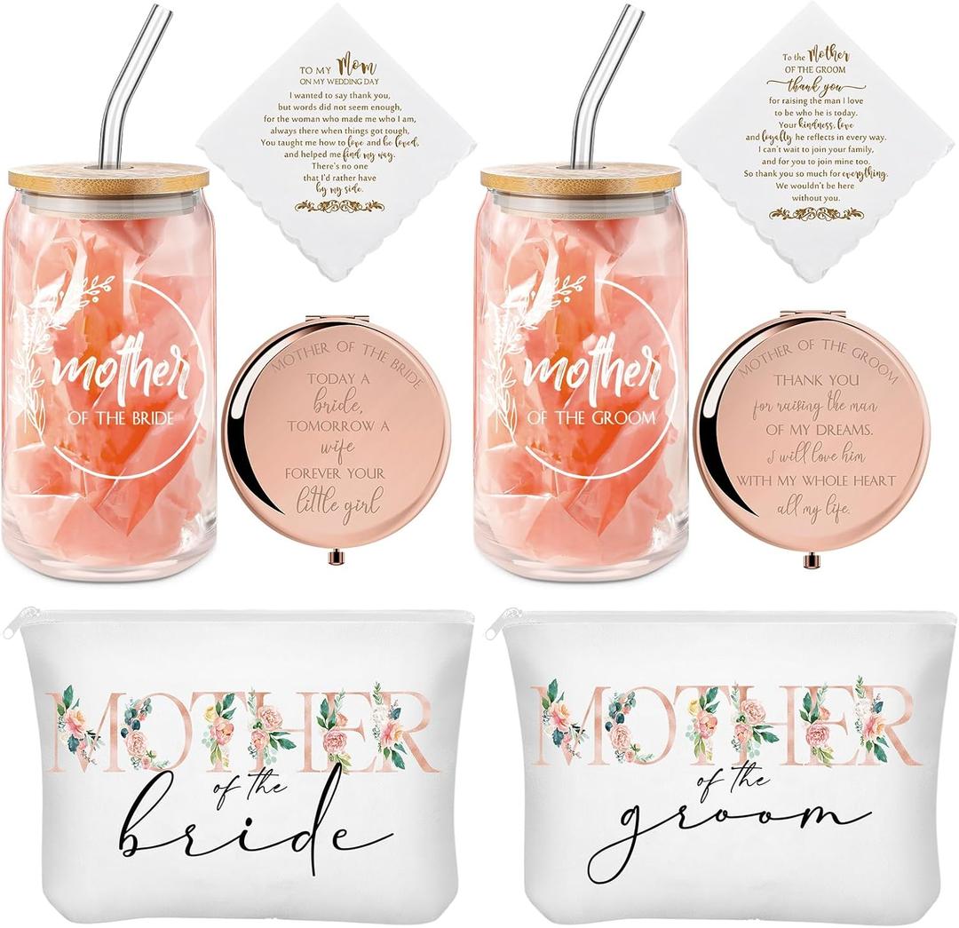 8 Pack Mother of the Bride Groom Gift Set - Includes 16oz Glass Cup Cosmetic Make up Bag Pocket Mirror Handkerchief, Engagement Anniversary Wedding Day Gifts for Mom Mother in Law(Floral)