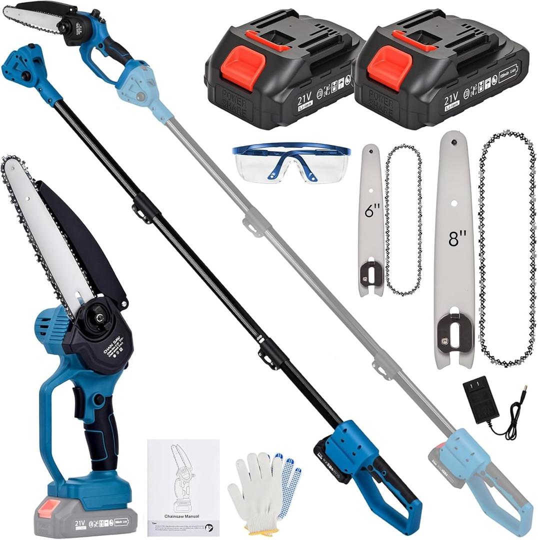 6" & 8" Electric Pole Saws for Tree Trimming 2-IN-1, Cordless Mini Chainsaw with Extension Pole, 15 Ft Max Reach & Multi-Angle, Lightweight Limb Branch Cutter Pruner with 2 Batteries