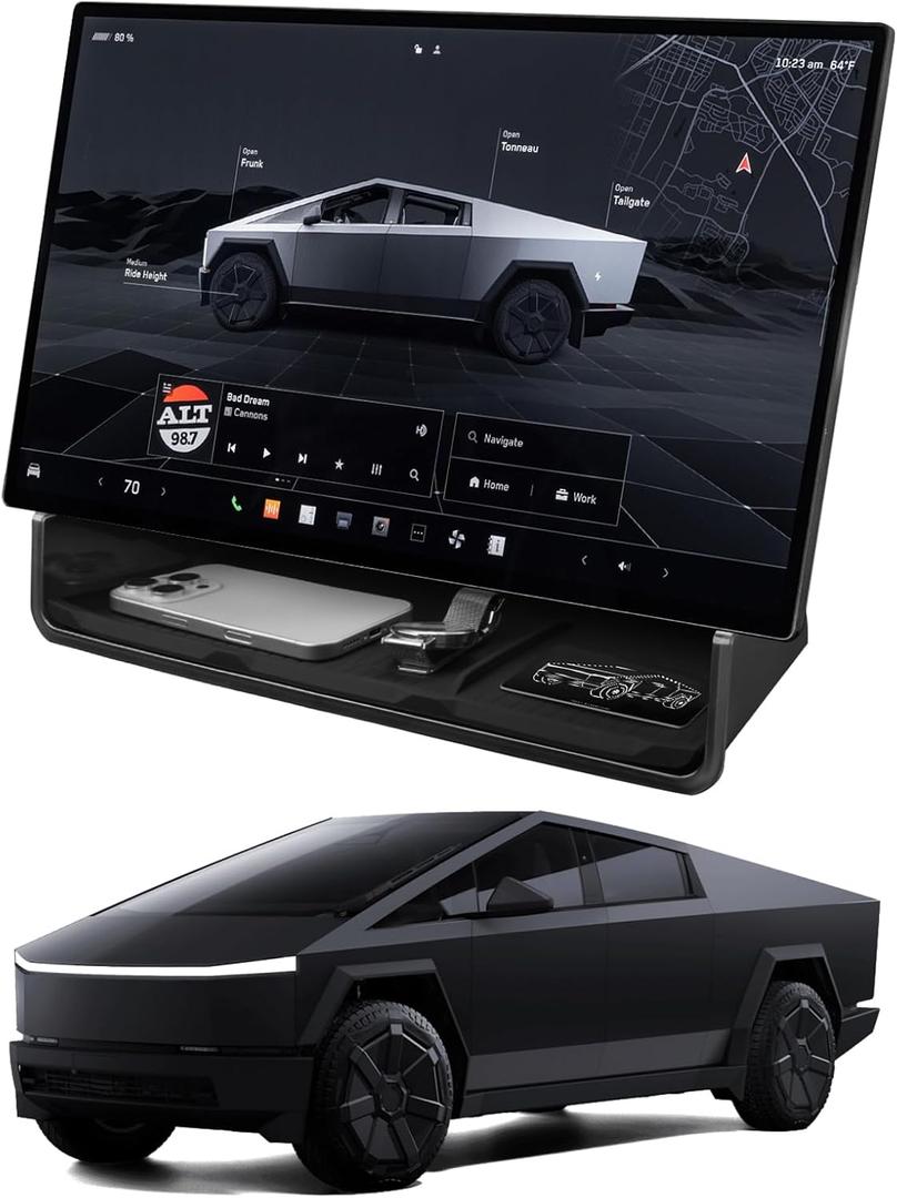 WEIPIN for Tesla Cybertruck Under Screen Organizer - [100% Stability & Easy Installation] for 2024 2025 Cybertruck Screen Storage Box Console Tray with Anti-Slip Liquid Silicone Mat - Black