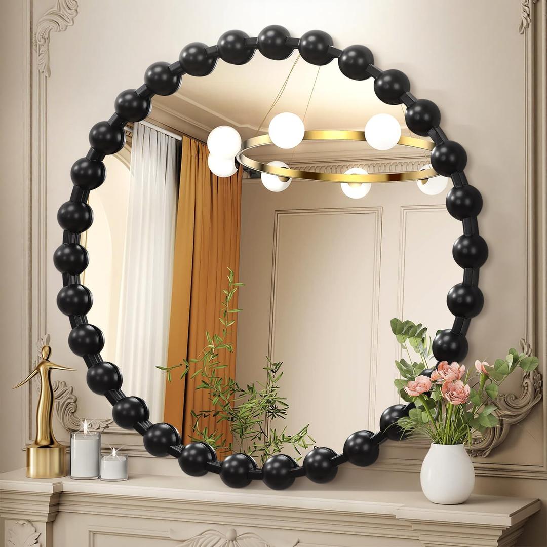 AAZZKANG Black Round Wall Mirror Metal Framed Beaded Mirrors Decorative Large 24" for Bedroom Living Room Bathroom Entryway Hallway Circle