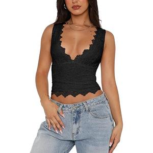 REORIA Womens Sexy V-Neck Sleeveless Double Lined Going Out Y2K Trendy Lace Cropped Tank Tops XL
