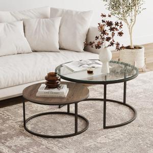 Nathan James Stella Round Modern Nesting Coffee Set of 2, Stacking Living Room Accent Tables, Rustic Oak/Gunmetal/Clear Glass