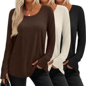 3 Pack Women's Long Sleeve Tunic Tops with Thumb Holes Cotton Scoop Neck T-Shirts Casual Loose Basic Tee Blouses (XX-Large, Black, Cream, Brown)