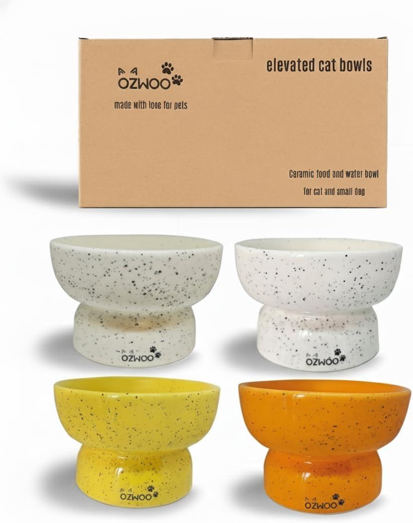 Ceramic Cat Bowls - Elevated cat Bowl, Anti-Vomiting, Whisker Friendly Raised Cat Bowl, Easy to Clean, Non-Slip, Suitable for Small Dogs - Pack of 2 (White-Beige, Orange-Yellow) (White-Beige)