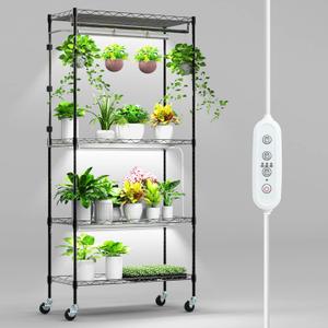 Plant Shelf with Grow Light, 4-Tier Metal Grow Light Shelf with Hanging Rod and Adjustable Rack,3-Pack 6000K T12 LED Full Spectrum Grow Lights for Seed Starting, Succulents, Built-in Timer