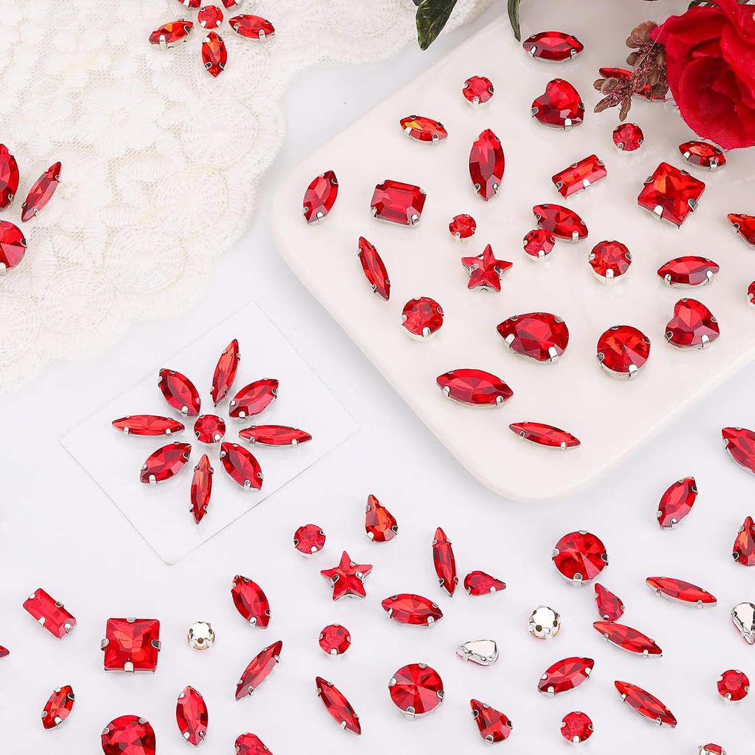 Sew on Rhinestones 205 PCS Glass Mixed Shapes Sew on Crystal Gems Flatback with Silver Claw for Jewelry Crafts Clothes Shoes Costume (Red Rhinestones)