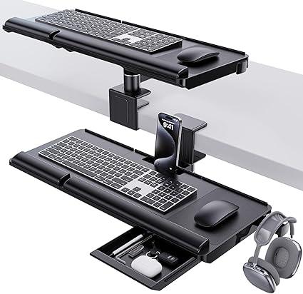 Klearlook Upgraded Adjustable Keyboard Tray for Above Desk & Under Desk Use  Ergonomic SitStand Keyboard Riser with 360° Rotation, 24.4"×10" Keyboard Stand with Wrist Rest & Storage Drawer  Black
