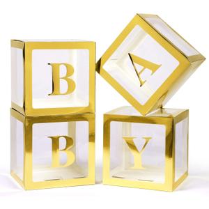 Baby Boxes with Letters for Baby Shower, 4 Transparent Balloon Boxes with Letters for Gender Reveal Birthday Wedding Baby Shower Decorations (Gold)