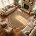 GarveeHome Scalloped Round Area Rugs 8ft for Living Room, Large Solid Brown Washable Circle Rug Soft Non Slip Floral Print Floor Mat Carpet Indoor Thin Rug for Bedroom Dining Room Playroom Nursery