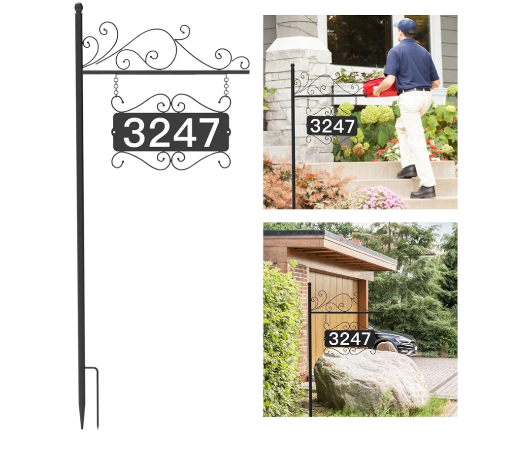 Metal Address Plaque for Outside, House Numbers for Outside, Street House Numbers for Outside, Address Sign for Houses, Double-Sided Address Sign for House Home Street Garden Yard (44" Pole)