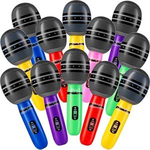Inflatable Microphones for Parties - (Pack of 12) 10-inch Neon Colors Blow Up Microphone for Kids & Adults, Party Favors, Giveaways, DJ-Props, Photo-Booth, Birthdays, Dance, Sing, Concert Decorations