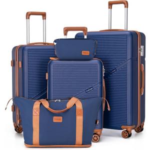 Cosbarn 5 Piece Luggage Sets with Spinner Wheels, Hardshell ABS Suitcase Set with Tsa Lock, Lightweight Hardside Waterproof Travel Suitcases for Men Women, DarkBlue (20"/24"/28")