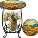 Outdoor Side Table Round Small Mosaic Patio Accent Indoor End Plant Metal Coffee Tea Table for Yard Porch Garden Patio Living Room, Bedroom(Sunflower Style,14 Inch)