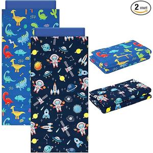 2 Pcs Dinosaurs Nap Mat Cover for Boys Girls Sewn in Flap Design Blue Sleeping Kids Astronauts Nap Mat Covers Soft Microfiber Cot Sheet for Preschool Kindergarten Toddler Daycare