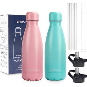 Insulated Water Bottle, 2 Pack-9oz Stainless Steel Water Bottles with straw lid, Metal Sports Water Bottles for Boys,Girls, Double Wall Vacuum BPA-Free Flask for School, Sports (Pink-Green)