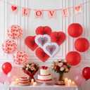 Red Paper Lanterns and Heart Hanging Fans Set, 6pcs Chinese Round Lanterns with 6pcs Heart Shaped Paper Fans & Banner for Wedding Bridal Shower Birthday Romantic Party Decorations