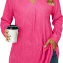 Womens 3 4 Sleeve Blouse Long Sleeve Business Casual Tunic Tops V Neck Work Tops Textured Dressy Casual Shirts Rose Red X-Large
