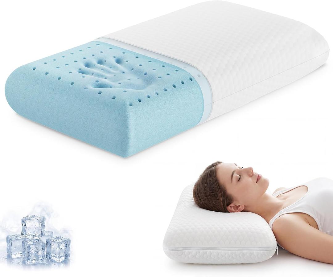 Sweetcrispy Back and Side Sleeper Support, White Gel Cooling Memory Foam Pillows for Sleeping, Bed Pillows for Adults with Breathable Mesh and Washable Cover 1 Pack