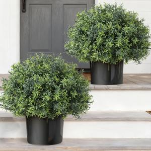 2 Sets Artificial Rosemary Topiary Ball Trees for Front Door - UV Resistant Faux Outdoor Rosemary Bushes, Fake Spring/Summer Greenery Potted Plants for Farmhouse Garden Porch Outside Decor