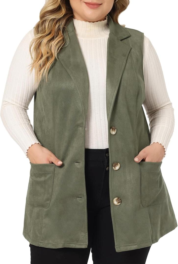 Agnes Orinda Plus Size Utility Vest for Women Lapel Sleeveless Lightweight Casual Suede Vests Jacket (2X, Green)