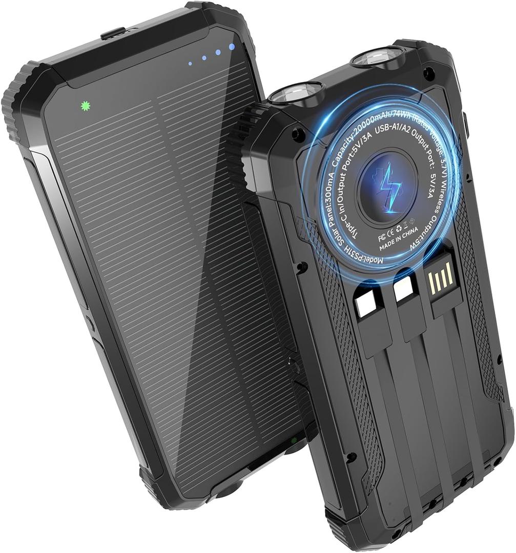 Nuynix Solar Power Bank 20000mAh, 15W Wireless Fast Charger with 3 Built-in Cables, USB-C Output Portable Battery Pack, Dual Flashlights Power Bank for iPhone 17 16 15 14, Samsung Galaxy, Camping