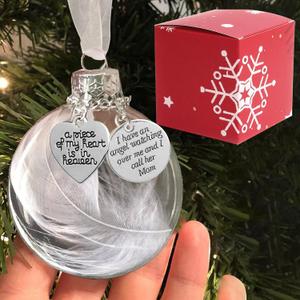 2 x Clear Christmas Memorial Ornament Feather Ball, A Piece of My Heart is in Heaven Loss of Loved One Mother Christmas Tree Hanging Sympathy Gift with Silk Ribbon & Red Gift Box (Mom)