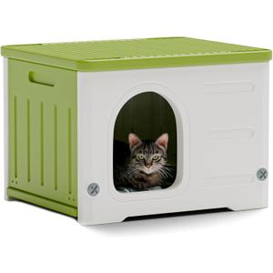 Plastic Cat House for Outdoor Indoor Use, Stackable Feral Cat Shelter Indoor Cat House Weatherproof Waterproof Elevated (Green)