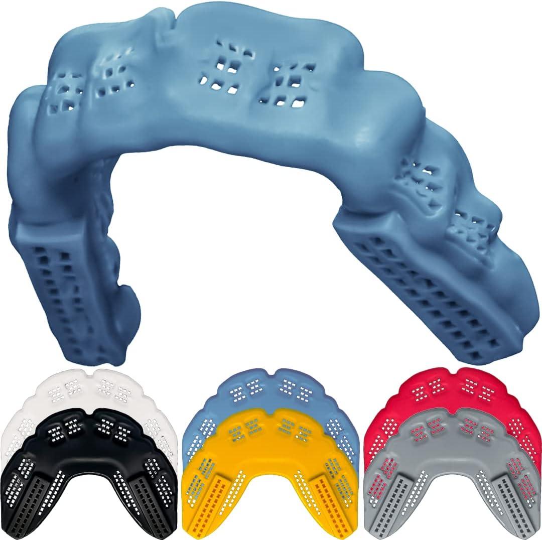 Bulletproof: Worlds Thinnest Most Breathable Mouthguard is 3X Stronger! BJJ Lacrosse Football Basketball MMA Wrestling Hockey Rugby Boxing Men Sports Mouth Guard Grinding Teeth Adult Youth Braces (Retro Blue Gray)