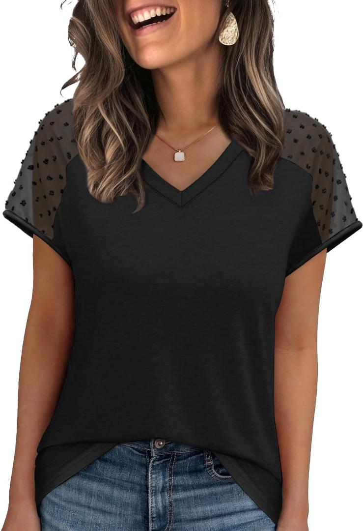 WIHOLL Summer Tops for Women V Neck T-Shirts Swiss Dot Short Sleeve Shirts Casual Fashion Blouses (Small, 0-black)