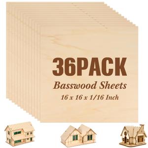 Riakrum Basswood Sheets Plywood Board Unfinished Wood Boards for Crafts for DIY Laser Projects Architectural Mini House Building Hobby Model Making(16 x 16 x 1/16 Inch,1)