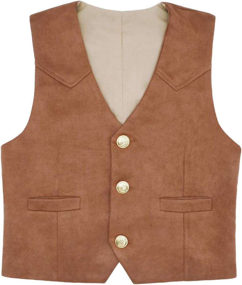 Retro Boys Western Vest Cowboy Vest Suede Leather Costume Style Casual Waistcoat 4-12 Years (7-8 Years, Brown)