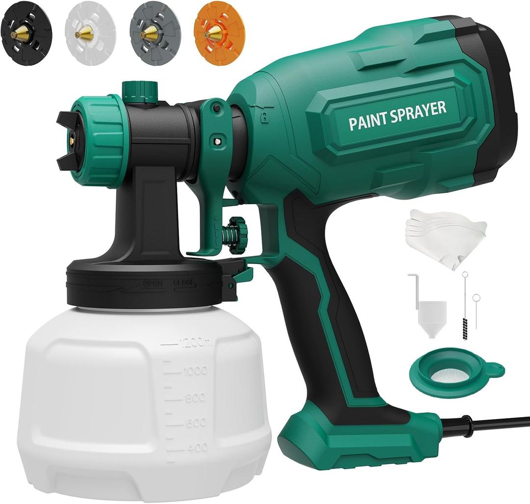 Paint Sprayer, 700W HVLP Spray Gun with 4 Brass Nozzles & 3 Patterns, Paint Gun with Adjustable Spray Width, Paint Sprayers for Home Furniture, Cabinets, DIY Works, Door, Garden Chairs etc. (Green)