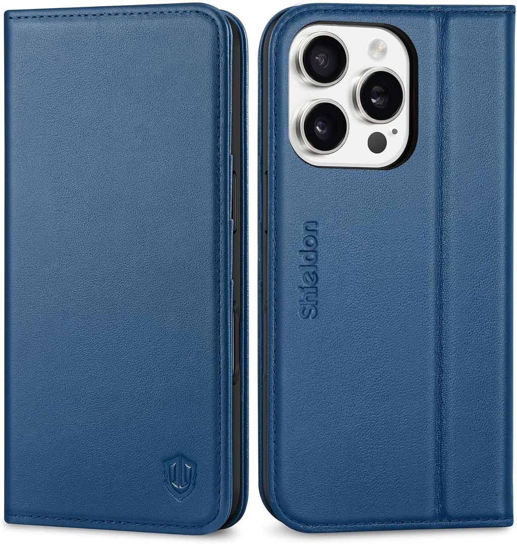 SHIELDON Case for iPhone 16 Pro 5G, Genuine Leather Wallet Flip Magnetic RFID Blocking Credit Card Slots Kickstand Shock-Absorbent TPU Shell Cover Compatible with iPhone 16 Pro 6.3" - Royal Blue