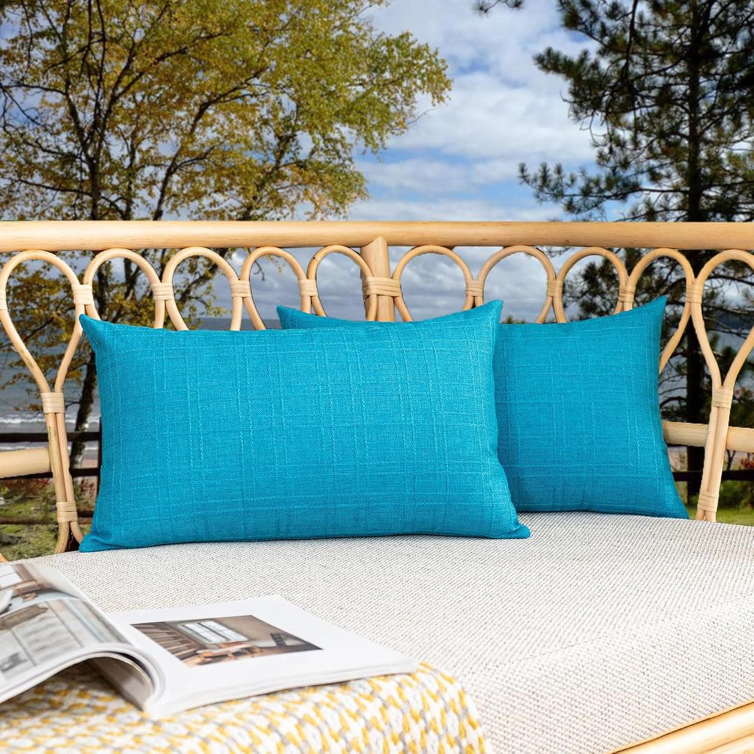 Kevin Textile Outdoor Waterproof Lumbar Pillow Covers 14x24 Inch Pack of 2 Checkered Decorative Rectangle Cushion Throw Pillowcases Shell for Patio Tent Garden Couch Bed Sofa Peacock Blue