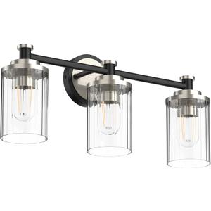 Bathroom Lighting Fixtures Black and Brushed Nickel Bathroom Vanity Light with Cylindrical Clear Stripes Glass Lampshade E26 Socket Base Bathroom Lighting Fixtures Over Mirror (3 Lights)