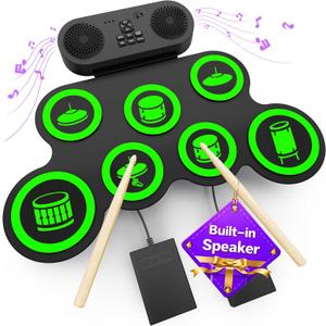 Electric Drum Set with Dual Speaker, Electronic Drum Pad and Sticks Kit Supports REC, Portable Roll Up Drums Practice Pad (Green)