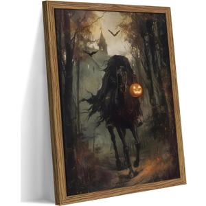Framed Vintage Halloween Wall Art, Gothic Pumpkin Headless Horseman Wall Decor, Dark Academia Artwork Canvas Paintings, Moody Spooky Forest Posters Prints Pictures for Living Room Bedroom 16x24 Inch