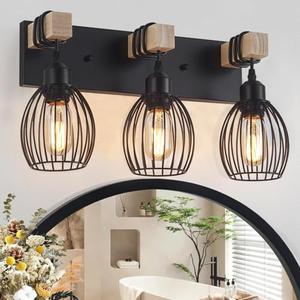 A1A9 3-Light Farmhouse Vanity Light for Bathroom, Wood Wall Sconce with Elegant Teardrop Cage, Industrial Black Vanity Lights Over Mirror for Living Room Bedroom Hallway