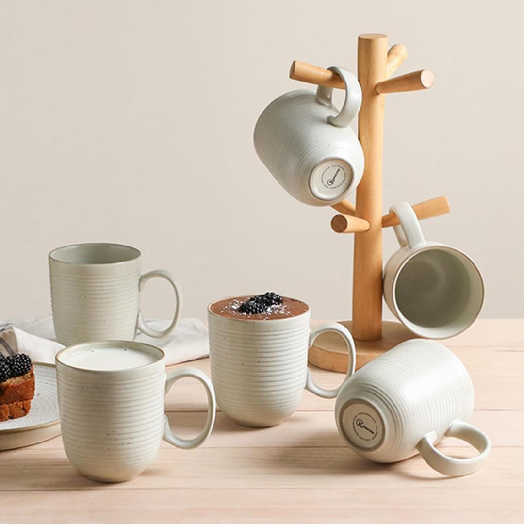 Kanwone Coffee Mugs 16 oz, Stoneware Mug Set, Ceramic Coffee Cups with Large Handles, Porcelain Mugs for Latte, Hot Tea, Cappuccino, Milk, Cocoa, Dishwasher Safe - Set of 6, Neutral White